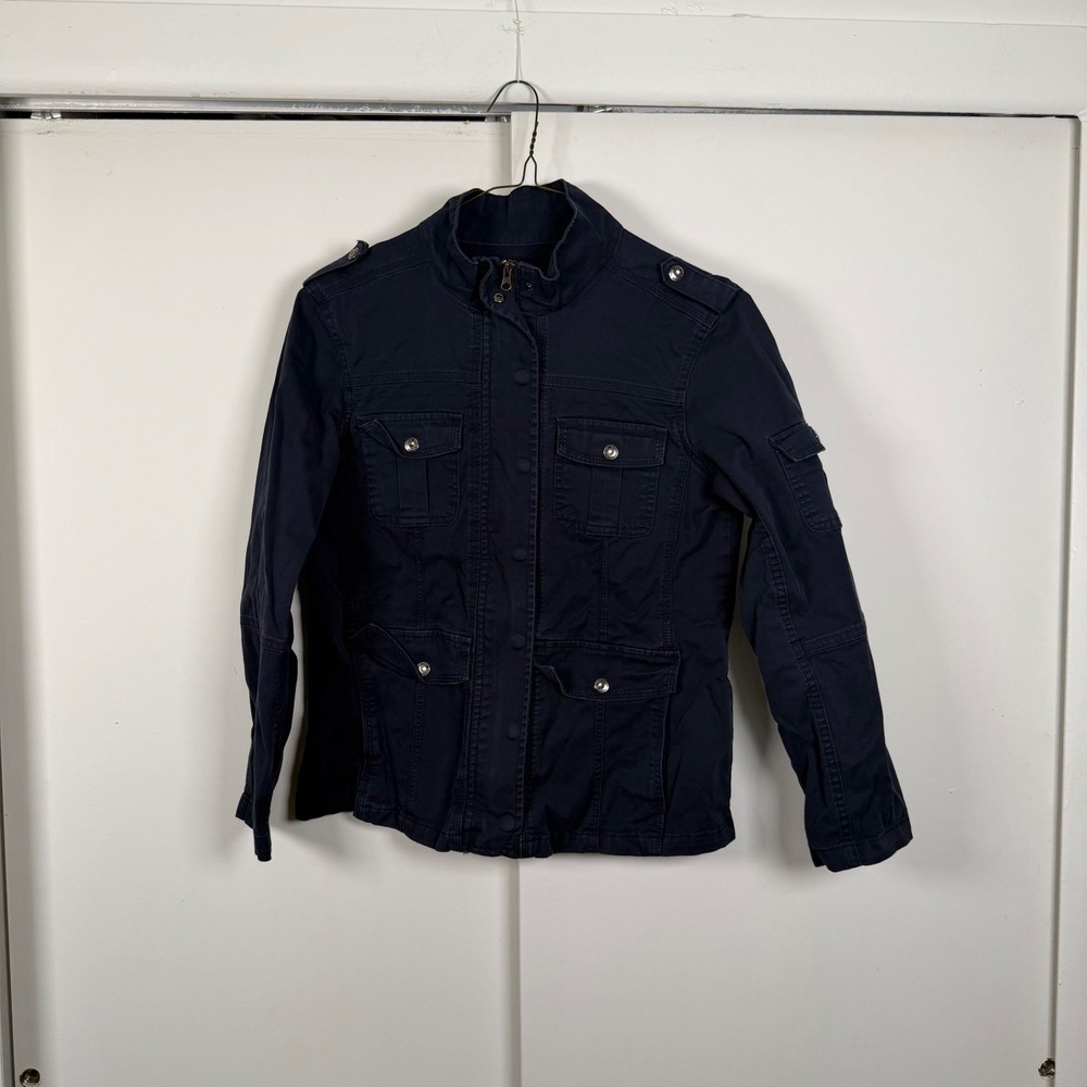 Kensie Jeans Navy Blue Military Utility Jacket Women Large Full Zip Snap Front